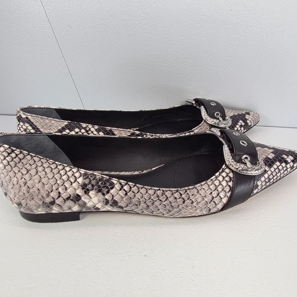 Paige Womens Snakeskin Pointed‎ Toe Alisa Flats Silver Western Buckle Grey Black